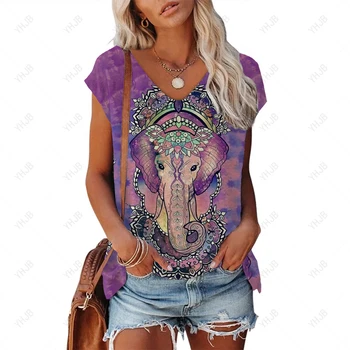 2023 новая повседневная одежда в стиле харадзюку, футболка с рисунком слона, женская летняя удобная и дышащая женская футболка с V-образным вырезом