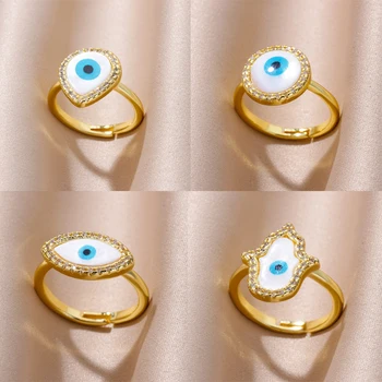 2023 Новое Кольцо из нержавеющей Стали Lucky Blue Devil's Eye Для Женщин Шарм Женское Регулируемое Кольцо на палец в виде Ракушки Роскошный Подарок Ювелирных изделий CZ