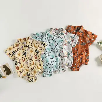 4-Цветная Одежда для маленьких мальчиков Комбинезон с коровьим принтом, Рубашка с коротким рукавом, Боди на пуговицах в стиле Кантри в ковбойском стиле