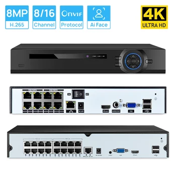 4K 8MP CCTV POE NVR 8CH/16CH IEEE802.3af 48V Для 8MP 5MP 1080P POE IP-камеры Домашней Системы Безопасности H.265 Распознавание лица Xmeye