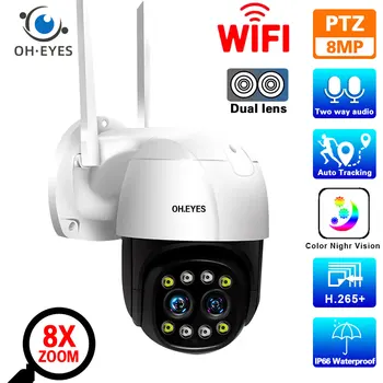 4k Wifi IP PTZ Камера 8MP С двумя Объективами, Автоматическое Отслеживание, Беспроводная Камера видеонаблюдения с 8-Кратным Зумом, Цветная Камера Ночного Видения, IP-камера Видеонаблюдения