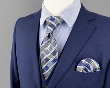 A17 сине-серый серебристый шелковый галстук в клетку для мужчин, удлиненный квадратный комплект с карманами, для вечеринки, для свадьбы, прямая поставка