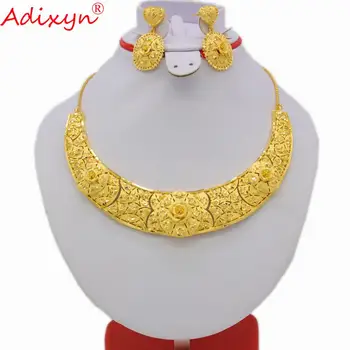 Adixyn Дубайские Серьги с цветами/Ожерелье, Ювелирный набор для Женщин, Свадебные 24k Золотого Цвета, Африканские Свадебные Украшения, Индийские женщины N07189