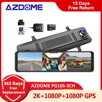 AZDOME PG16S-3CH Автомобильный Зеркальный Рекордер 3-Канальные Камеры 2K Спереди 1080P Сзади Салона GPS 12-дюймовый Сенсорный экран Dash Cam Ночного Видения