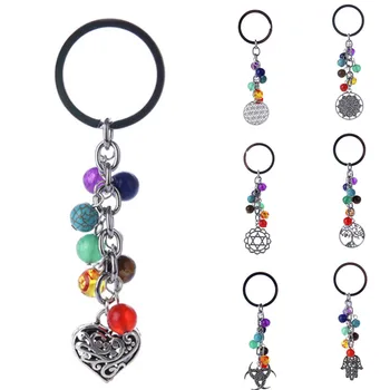 DIEZI 8 мм Модный Многоцветный Брелок для ключей с Натуральным камнем для Йоги, 7 Чакр, Брелок для молитв, автомобильный брелок, кольцо с подвеской в виде сердца Совы для сумки