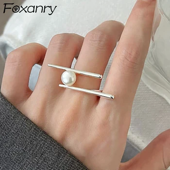 Foxanry Новые модные кольца с жемчугом серебристого цвета для женщин, пар, креативные простые геометрические украшения ручной работы на День рождения, подарки