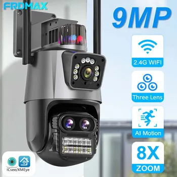 FRDMAX 9-мегапиксельная WiFi-камера, наружная беспроводная камера безопасности, 8-кратный зум, три объектива, Двойной экран, Автоматическое отслеживание, Камера видеонаблюдения Icsee