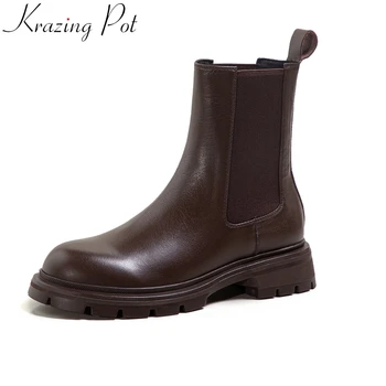 Krazing pot Винтажная зимняя обувь из натуральной кожи, ботинки Челси на среднем каблуке, сохраняющие тепло, без шнуровки, модные лаконичные женские ботильоны l10
