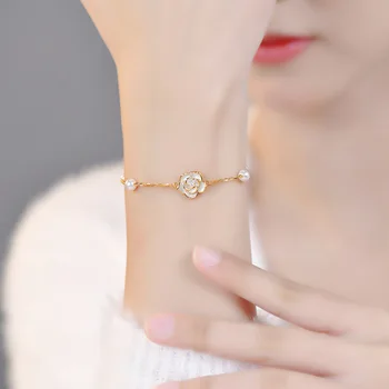S925 чистый серебряный браслет с камелией и жемчугом, женский браслет, французские винтажные ювелирные изделия, подарок для вечеринки, браслет для женщин, золотой браслет