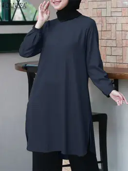 ZANZEA, Однотонные Мусульманские Топы, Женская Блузка с Длинным рукавом и круглым вырезом, Весенняя Модная Исламская Одежда Для Вечеринок, Винтажная Повседневная Рубашка Mujer