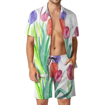 Акварельные тюльпаны, мужской пляжный костюм Премиум-класса, брючный костюм из 2 предметов, высокое качество, размер США