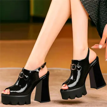 Женские босоножки в стиле панк-гот из натуральной кожи с открытым носком, туфли-лодочки на платформе и высоком каблуке, Летние ботильоны, Повседневная обувь
