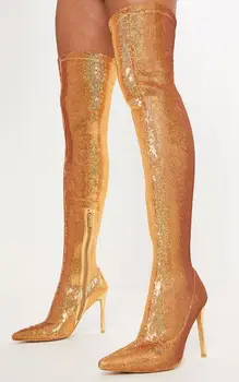 Женские Золотистые сапоги до бедра с блестками и острым носком На тонком высоком каблуке, сапоги выше колена с эластичными блестками, Женские ботинки для танцев