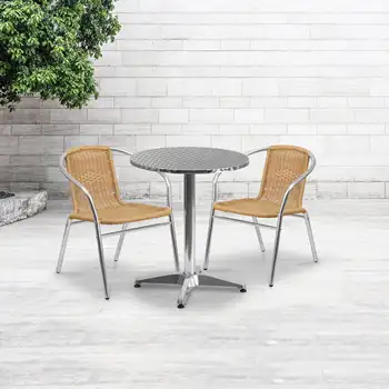 Коммерческий стул для ресторана Flash Furniture из алюминия и бежевого ротанга для помещений и улицы