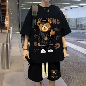 Корейский Модный уличный костюм в стиле хип-хоп, Повседневный короткий костюм в стиле Рок, Футболки с забавным медведем, Шорты, комплект из 2 предметов, летний спортивный костюм, одежда для мужчин