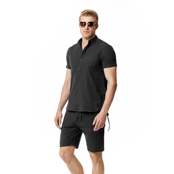 Летние Модные мужские хлопковые льняные комплекты пляжных футболок с шортами Henry Neck, тонкие мягкие облегающие спортивные костюмы для мужчин