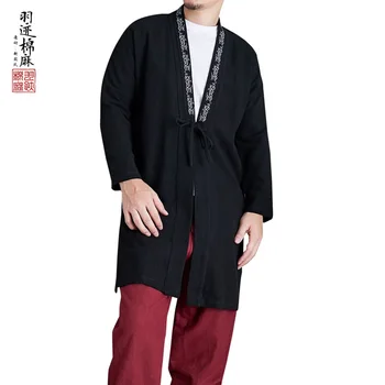 Льняной тренч в китайском стиле, Мужской халат, Мужское длинное пальто с вышивкой, Мужская этническая одежда, Мужской кардиган-плащ