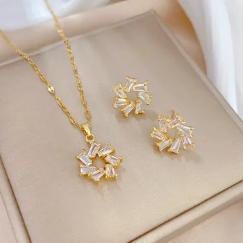 Модное Геометрическое ожерелье с цирконом, Серьги, кольцо, Очаровательные ожерелья для женщин, роскошные ювелирные аксессуары, подарок на День рождения, юбилей
