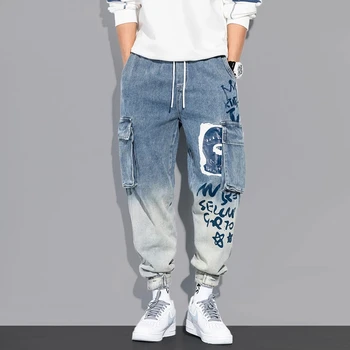 Модные классические брендовые джинсы 2023 года, мужские брюки-карго, уличные брюки с карманами, Свободные комбинезоны с граффити в стиле сафари