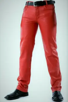Мужские брюки из натуральной овечьей кожи, 100% новые кожаные красные джинсовые брюки