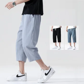 Мужские Прямые капри Азиатского размера 2023, летние новые мужские брюки из искусственного хлопка и льна, свободные повседневные брюки с эластичной резинкой на талии, семь точек