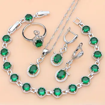 Наборы ювелирных изделий из настоящего серебра 925 пробы для женщин, зеленый Изумруд, камень Рождения, Простые Офисные Длинные Серьги, браслет, ожерелье, набор, подарок для нее