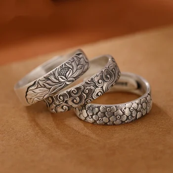 Настоящее ювелирное изделие из чистого серебра S999, матовое, Ретро, Благоприятное Облако/слива/Лотос, женское открытое кольцо в китайском стиле