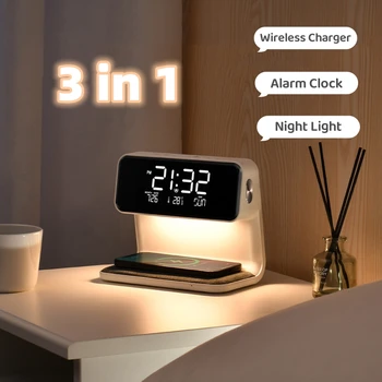 Новый тренд, стол для спальни, настольная светодиодная лампа, ночник, цифровой будильник, Универсальное беспроводное зарядное устройство QI для iPhone Samsung