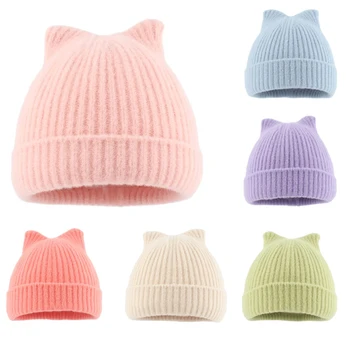 Однотонная Осенне-зимняя Шерстяная вязаная шапка, детская теплая шапочка для новорожденных, Мультяшная Вязаная шапка с кошачьими ушками, капот