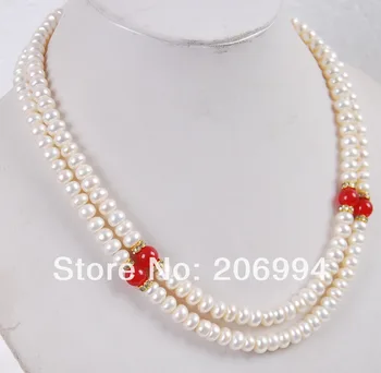 оптовые продажи, дизайнерские 2 ряда, 6x8 мм, белый пресноводный культивированный жемчуг, ожерелье из красного камня, модные украшения, подарок