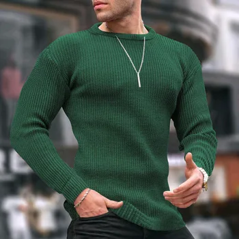 Осенне-зимние мужские свитера, повседневные облегающие топы с круглым вырезом и длинным рукавом для мужчин, модный однотонный базовый вязаный свитер