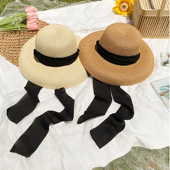 Повседневная Женская Соломенная шляпа с длинными серпантинами с большими полями, Солнцезащитная шляпа для защиты от солнца, Приморская пляжная шляпа