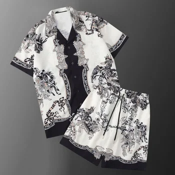 Повседневный комплект Шорт с абстрактной цифровой печатью в стиле Харадзюку, Рубашка со Свободным рукавом, Мужской костюм для пляжного отдыха в стиле хип-хоп
