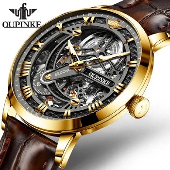 Роскошные автоматические часы бренда OUPINKE для мужчин, механический кожаный ремешок, Сапфировое зеркало, Полые наручные часы со скелетом Reloj Hombre