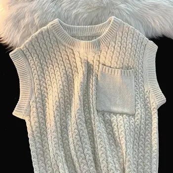 Стильный мужской свитер-жилет, Вязаный, сохраняющий тепло, с витой текстурой, пуловер в стиле опрятного стиля, свитер-жилет