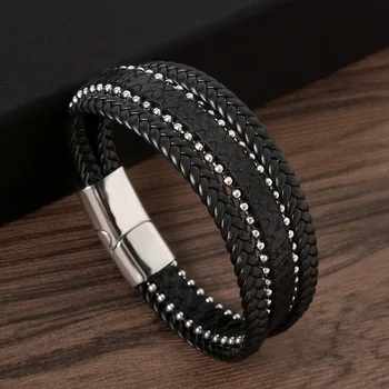 Стильный новый мужской браслет из нержавеющей стали, аксессуар для ежедневного ношения, простой кожаный браслет ручной работы с заклепками