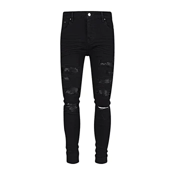 Уличная мода, Мужские джинсы, пуговицы, Черные эластичные эластичные обтягивающие рваные джинсы, Мужские кожаные дизайнерские брюки в стиле хип-хоп с заплатками