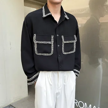 Черная Белая рубашка с длинным рукавом, мужская тонкая модная мужская модельная рубашка в корейском стиле, повседневная рубашка с карманами, мужская официальная рубашка M-3XL