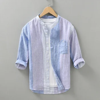 Японская минималистичная мужская льняная рубашка в вертикальную полоску с рукавами три четверти, Летние Тонкие мужские топы из чистого льна, рубашка